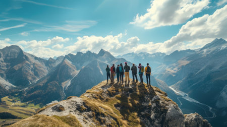 A group of friends on a hiking adventure, panoramic mountain views, capturing the spirit of friendship and exploration. Resplendent.の素材