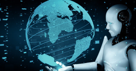 XAI 3d illustration Futuristic robot artificial intelligence huminoid AI data analytic technology development and machine learning concept. Global robotic bionic science research for future of humanの写真素材