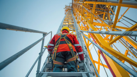 A man in workwear with a red jumpsuit, helmet, and engineering tools stands on a ladder in a building amidst the citys steel and metal structures. AIG41の素材