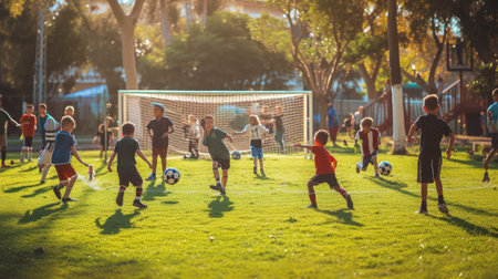 A group of players are enjoying a game of soccer on a grassfield under the blue sky, surrounded by trees and lush green landscape. AIG41の素材