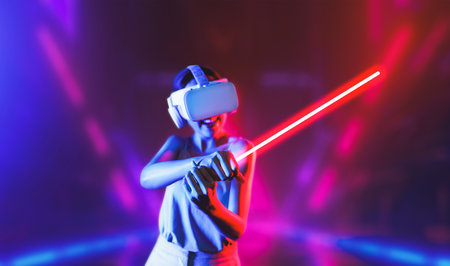 Smart female standing wearing VR headset connecting metaverse, future cyberspace community...