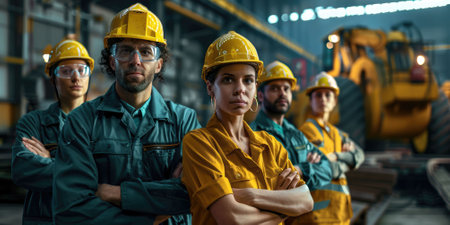 group portrait of construction workers with background of excavation machinery aigx04の素材