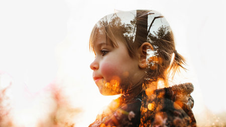 The closeup double exposure between the caucasian young girl and the beautiful vividly nature that the picture, it stands for the peaceful of the life or relaxation with the beautiful nature. AIGX01.の素材