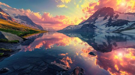 A majestic mountain landscape at sunset, snow-capped peaks, a crystal-clear lake reflecting the vibrant sky, serene nature. Resplendent.の素材
