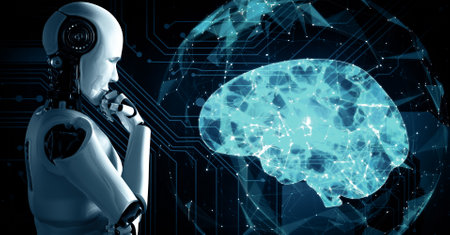 XAI 3d illustration Thinking AI hominoid robot analyzing hologram screen showing concept of AI brain...