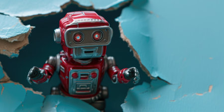 Close up view picture of the hollow blue hole on the the wall that show the robot stay inside the wall that has been made from some material yet still can be break to look through other side. AIGX03.の素材