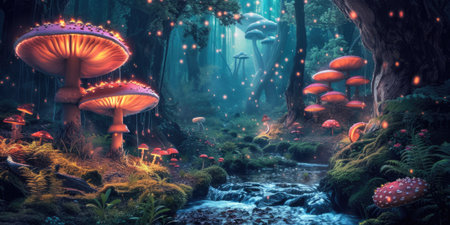 An ethereal scene of an enchanted forest illuminated by the soft glow of mystical, oversized mushrooms along a serene stream. Resplendent.の素材