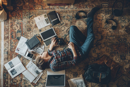 The top view of picture that about young scandinavian human that laying down and listening to the music and focused in the full of the thought and music with room that surrounded with devices. AIGX03.の素材