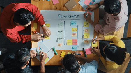 Top view of smart people writing and making scrum task board while writing plan and planning strategy at colorful sticky notes. Smart team manage work performance by using kanban board. Convocation.の写真素材