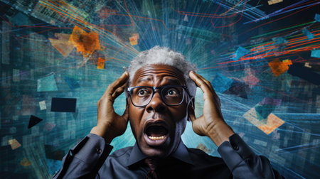 Business person overloaded by stress from business data and information that come from work, technology, social media and marketing business strategy received by a corporate employeeの素材