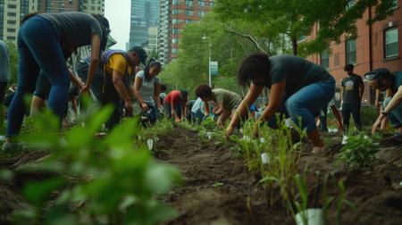 A group of people is tending to plants, shrubs, and trees in a garden, with city buildings visible in the background. AIG41の素材
