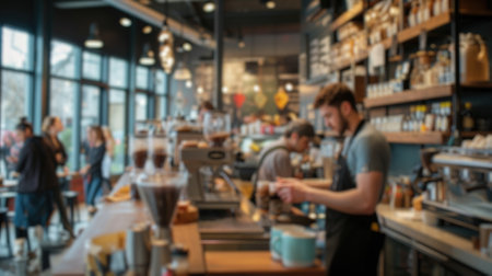 Blurred background of a busy coffee shop with patrons enjoying their drinks and baristas crafting coffee, creating a lively community space. Resplendent.の写真素材