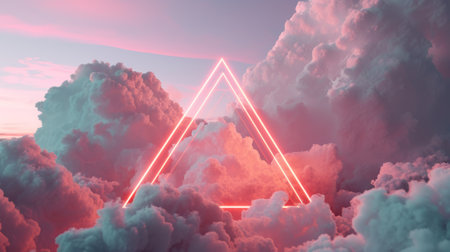 The great orange neon floating triangle beyond the sky that surrounded with cloudscape at the dawn or dusk time of the day that shine the light and bright to the every part of the endless sky. AIGX03.の素材