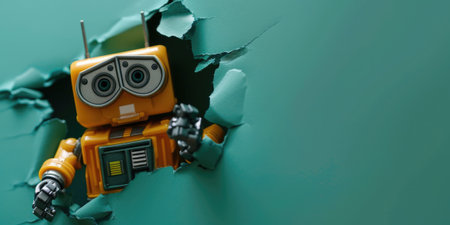 Close up view picture of the hollow green hole on the the wall that show the robot stay inside of the wall that has been made from some material yet still can break to look through other side. AIGX03.の素材