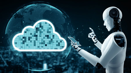 XAI 3d illustration AI robot huminoid uses cloud computing technology to store data on online...