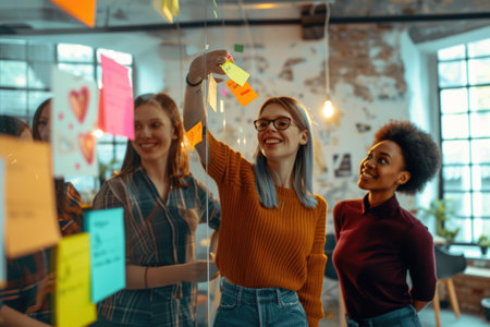 A diverse team of professionals joyfully collaborates using sticky notes on a glass wall in a vibrant, modern office. AIG41の素材