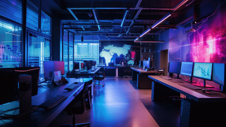 The interior design of this large room includes tables, stools, and a wall-mounted screen, creating a functional and stylish space with furniture and fixtures. AIG41の素材