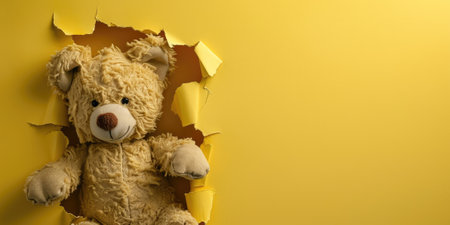 Close up view picture of the hollow yellow hole on the the wall that show the teddy stay inside the wall that has been made from some material yet still can break to look through other side. AIGX03.の素材