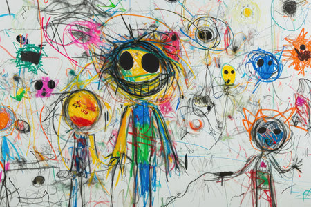 The hand drawing colourful picture of the group of the human family that has been drawn by the colored pencil, crayon or color chalk on the white background that seem to be drawn by the child. AIGX01.の素材