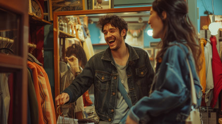 In the crowded city store, under the dim street lights, a man and a woman exchange smiles, creating an artful moment of connection. AIG41の素材