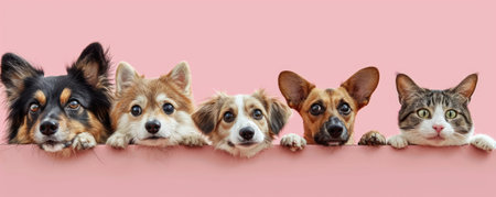 The picture of front view and close up of the multiple group of the various cat and dog in front of the bright pink background that look back to the camera with the curious and interest face. AIGX03.の素材