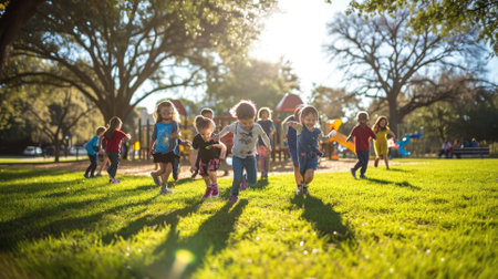 A group of children playing in a park, laughter and joy, diverse ages and ethnicities, sunny day, green grass and playground equipment. Resplendent.の素材