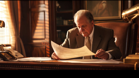 A focused executive evaluates paperwork in the prestigious setting of a wood-paneled office, reflecting professionalism and determination. AIG41の素材