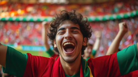 A fan wearing a hat joyfully shouts and waves the Portuguese flag in the stadium among the entertained crowd during the event. AIG41の素材