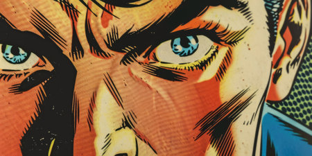 The close up picture that has been drawn in retro or vintage art style comic about confident, handsome, and bold male human looking or staring something outside camera that cannot be captured. AIGX01.の素材