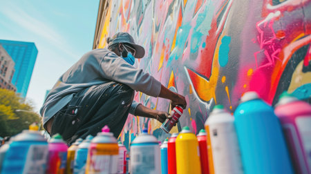 A man leisurely creates art on a wall with spray paint, using vibrant electric blue and magenta to form a captivating pattern. AIG41の素材