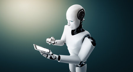 XAI 3d illustration Robot humanoid use mobile phone or tablet in future office while using AI thinking brain , artificial intelligence and machine learning process. 4th fourth industrial revolution 3Dの写真素材