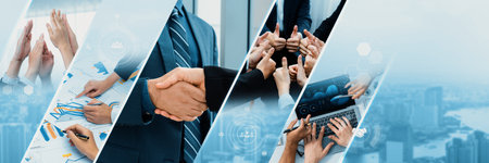 Teamwork and human resources HR management technology concept in corporate business with people group networking to support partnership, trust, teamwork and unity of coworkers in office kudosの写真素材