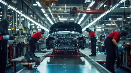 A car is constructed on an assembly line in a factory, moving on a conveyor belt. AIG41の素材