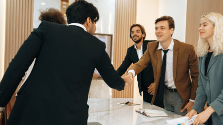 Ornament meeting room with group of diversity business people or office worker college shake hand...