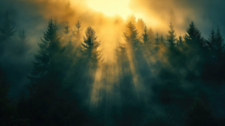 Misty Forest Sunrise. Golden sunrise rays filter through the mist in a dense forest. Resplendent.の素材