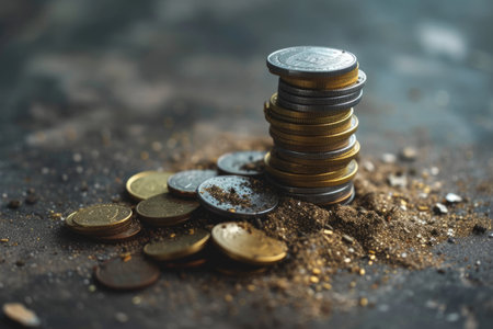 Economic downturn, debt crisis and market crash concept shown by shattering coins AIG41の素材