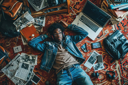 The top view of picture that about young african american human laying down and listening to the music and focused in the full of the thought and music with room that surrounded with devices. AIGX03.の素材