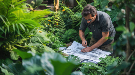 An overhead view of a landscape architect analyzing garden design plans amidst a lush green setting. AIG41の素材