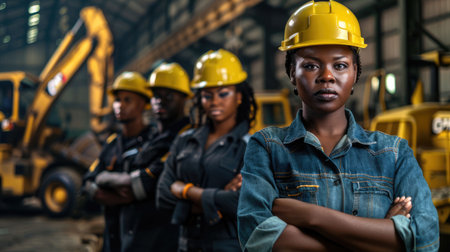 group portrait of construction workers with background of excavation machinery aigx04の素材