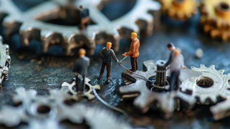 The miniature varies group of employed people that standing still on the uncompleted cogwheels trying to work together to find the solution for varies problems that they talking to each other. AIGX03.の素材