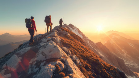 A group of friends on a hiking adventure, panoramic mountain views, capturing the spirit of friendship and exploration. Resplendent.の素材