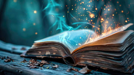 The magical book that turning the multiple glowing glittered page that stay on the wood table that surrounded with the mystery fantasy glowing glittered mist that looks like from dream world. AIGX03.の素材