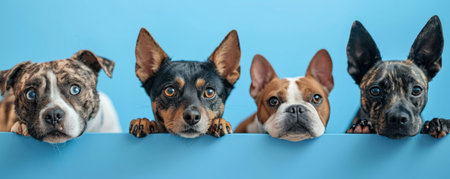 The picture of front view and close up of the multiple group of the various cat and dog in front of the bright blue background that look back to the camera with the curious and interest face. AIGX03.の素材