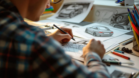 A man, using his hand and fingers, is making a gesture while drawing a car on a piece of paper, showcasing his artistic and engineering skills. AIG41の素材