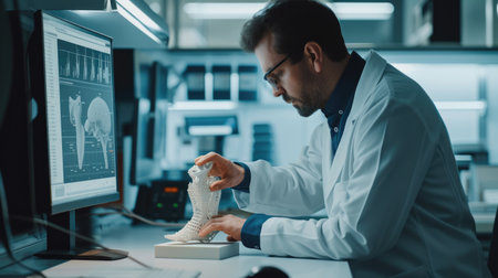 A white-collar worker in a lab coat gestures while holding a knee joint model in front of a computer screen. AIG41の素材