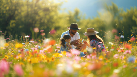 A happy family gathered in a natural landscape, enjoying a picnic amidst blooming flowers, lush grass, and under the warm sunlight. AIG41の素材