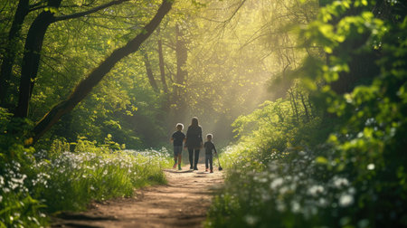 A woman and child stroll through a forest, hand in hand, amidst trees, plants, and natural woodland landscape. AIG41の素材