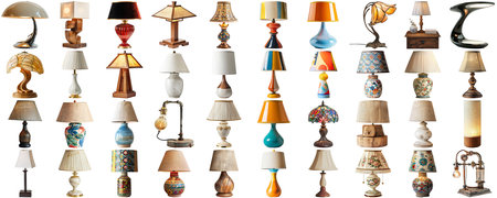 Big collection set of lamp in various styles retro vantage and modern bedside nightstand lighting different table lamp for interior decoration furniture element, isolated on transparent backgroundの素材