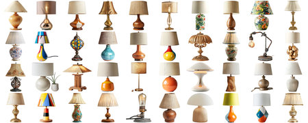 Big collection set of lamp in various styles retro vantage and modern bedside nightstand lighting different table lamp for interior decoration furniture element, isolated on transparent backgroundの素材