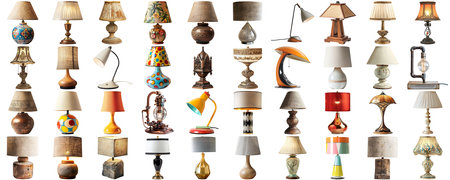 Big collection set of lamp in various styles retro vantage and modern bedside nightstand lighting different table lamp for interior decoration furniture element, isolated on transparent backgroundの素材